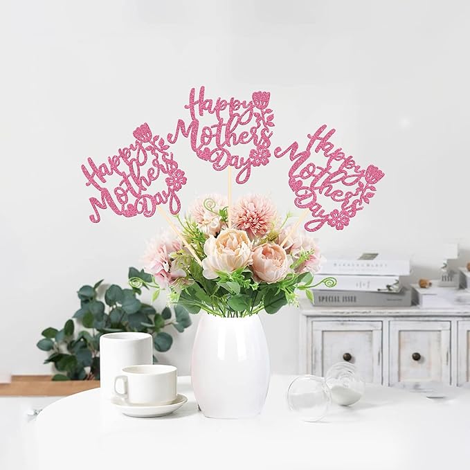 12 PCS Happy Mother's Day Centerpiece Sticks Double Sided Glitter Rose Love Best Mom Centerpieces for Happy Mother's Day Theme Table Flower Decorations Women Birthday Party Supplies Pink