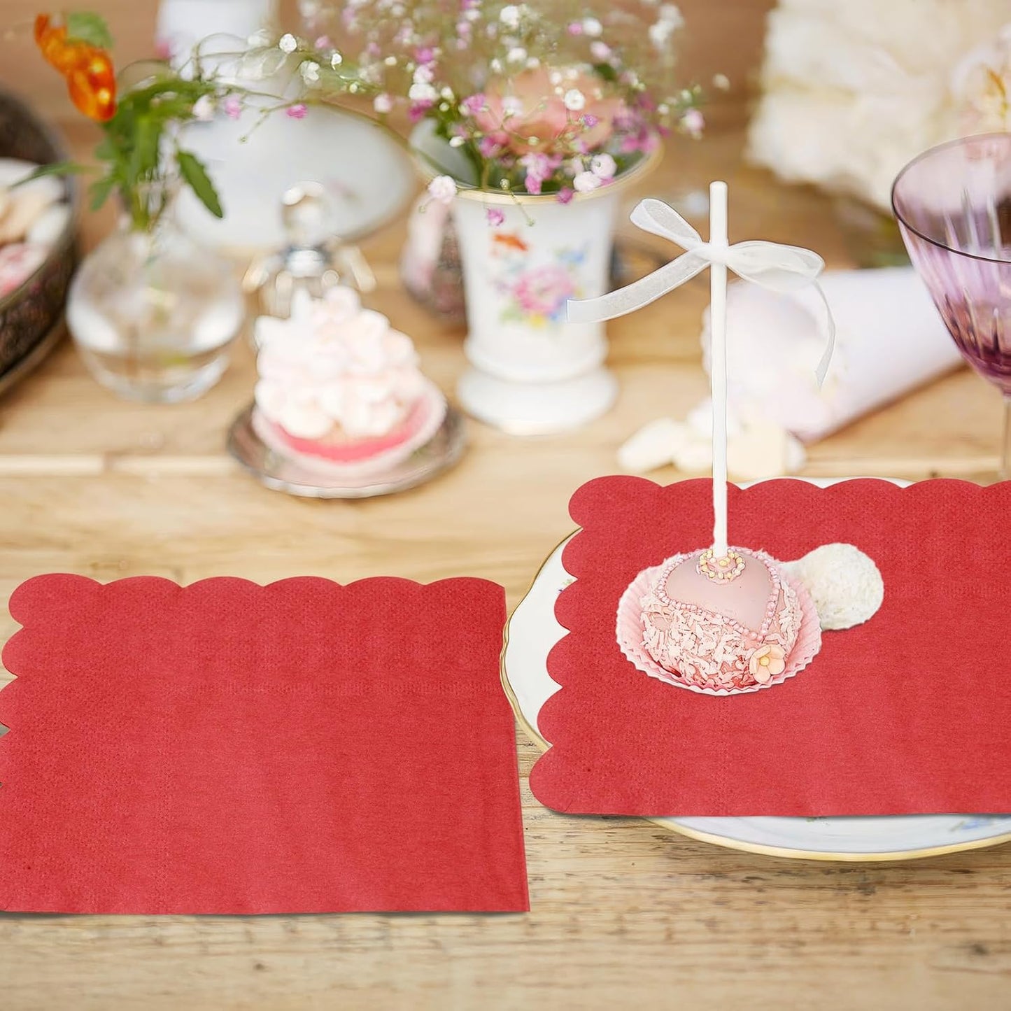 100 Pcs Cocktail Napkins, 2-Ply 5 x 5 Inches Disposable Scalloped Napkins, Thick Premium Dessert Napkins for Party, Wedding, Dinner, Birthday, Anniversary, Festival (Red)
