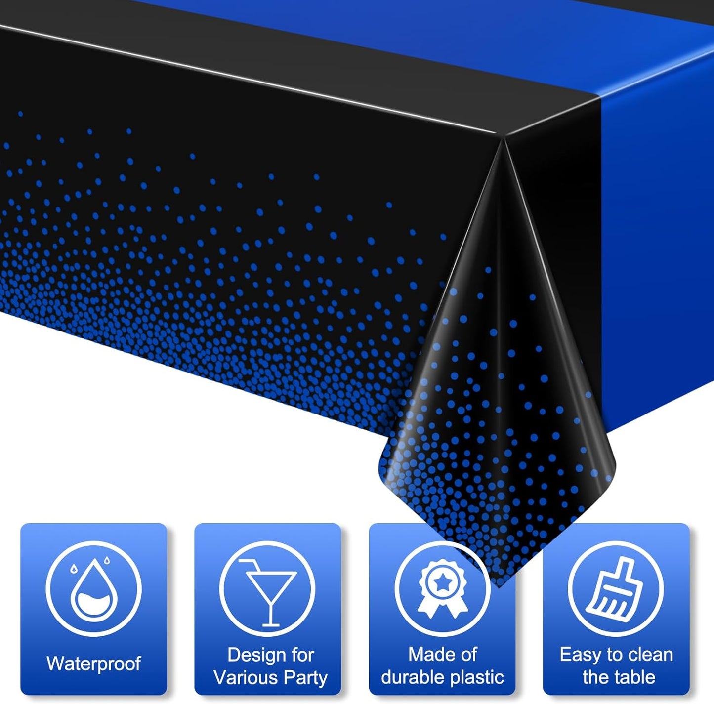 MASHAN 12Pcs Black and Blue Tablecloth Party Decorations,Plastic Black Table Cloth Printed Blue Runner Disposable Rectangle Table Cover for Birthday Wedding Anniversary Graduation Party,54 x108 Inch