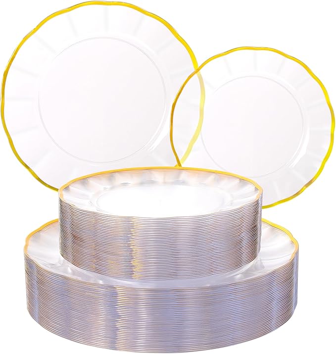 supernal 60Pcs Clear and Gold Plastic Plates,Clear Disposable Plate With Gold Rim,Heavy Duty Plastic Plates Set Perfect for Valentine's Day,Mother's Day,Easter,Wedding,Party