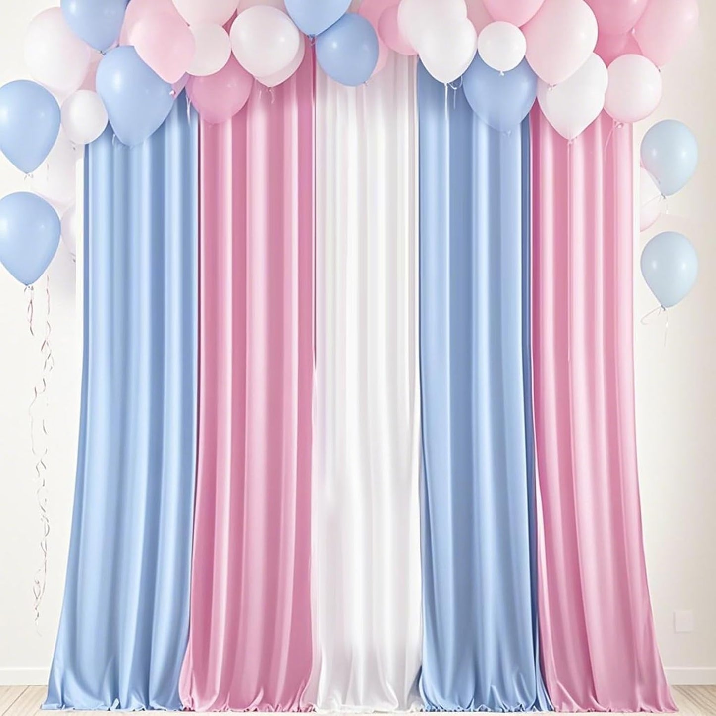 Backdrop Curtain 10x7ft, Gender Reveal Backdrop for Baby Shower, Wrinkle-Free Polyester Fabric Photo Backdrop Curtain, Blue, Pink, and White for Wedding and Party Decorations,5 Panels