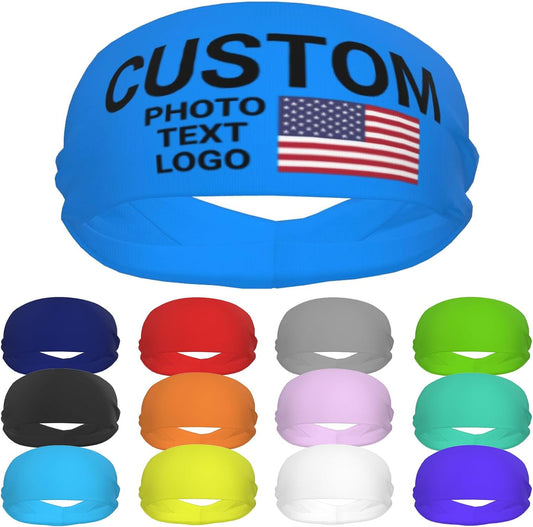 Custom Sports Headband Sweatband Bandana Add Your Photo Logo Text Number, Bulk Customized Unisex Sports Moisture Wicking Breathable Elastic