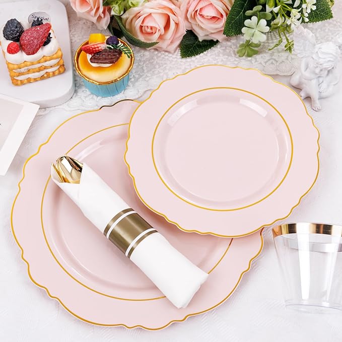 Liacere 175PCS Pink Plates Disposable - Pink and Gold Plates 25guest Baroque Plastic Dinnerware include 150Plates, 25Pack Pre Rolled Napkins with Silverware 25Cups Perfect for Easter Day