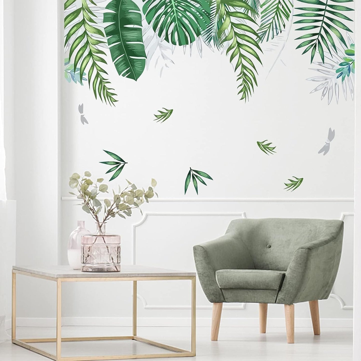 Green Tropical Palm Tree Leaves Wall Stickers, KALYLOC Waterproof Tropical Green Leaf Plants Wall Decal, Peel and Stick Nature Jungle Wall Decor for Living Room Bedroom Door Decoration (A)