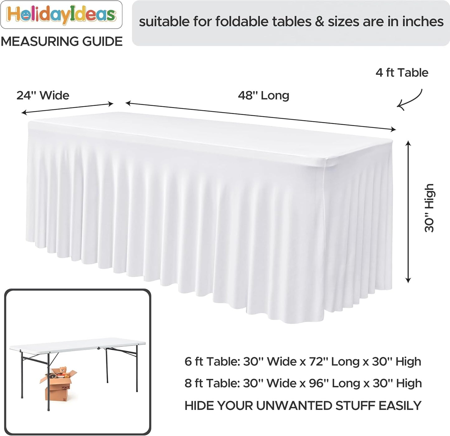 HolidayIdeas White 4ft Spandex Tablecloth 4 Pack Fitted Stretch Rectangluar Table Skirts 24x48 Inch, Wrinkle-Free Floor Length Polyester Table Cover for Weddings Parties Banquets Events
