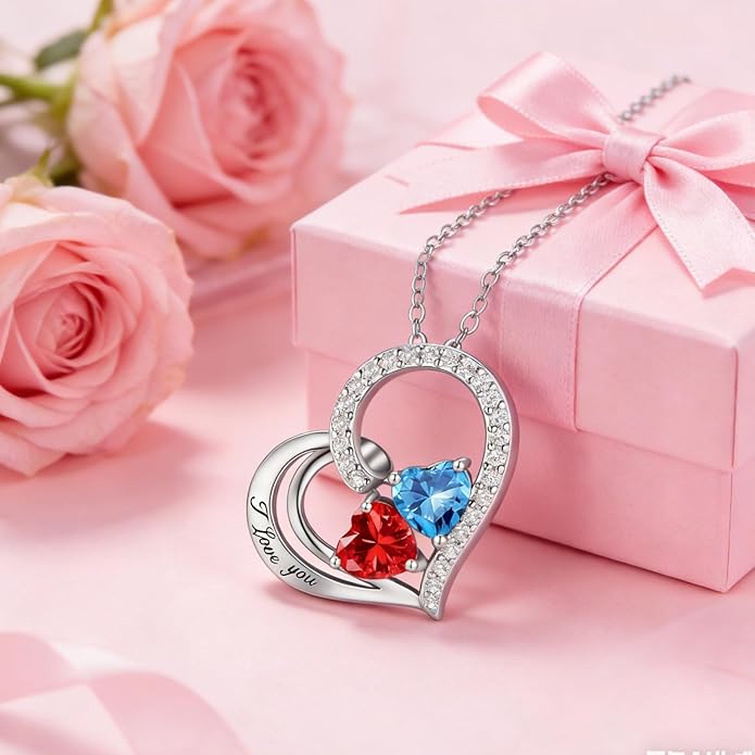 Double Birthstone Heart Necklace 0.8CT Dual-Gemstone S925 Sterling Silver Plated White Gold Engraved I Love You Perfect Anniversary/Valentine's Day Gift for Wife/Girlfriend/Mom/Daughter
