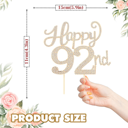 Happy 92nd Birthday Decorations,92nd Birthday Gold Rhinestone Cake Topper - Cheers to 92 Years Old Bday Party Metal Sparkly Cake Centerpieces Sign.