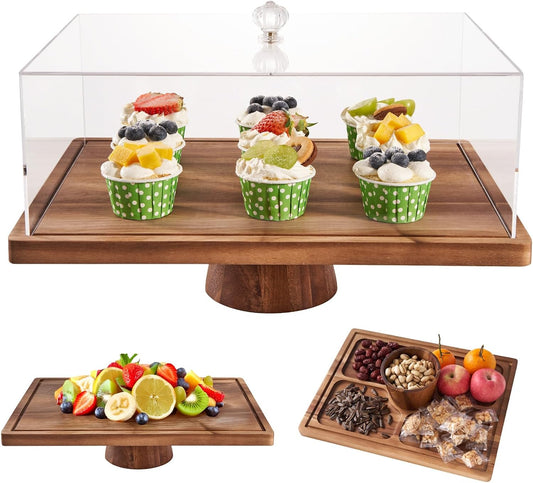 Large Cake Stand with Lid, 17″ Rectangular Multi-Functional Cake Holder, Acacia Solid Wood 2-in-1 Dessert Table Display Set, Charcuterie Board for Cheese ,Fruit Platter, Acrylic Cake Dome Cover