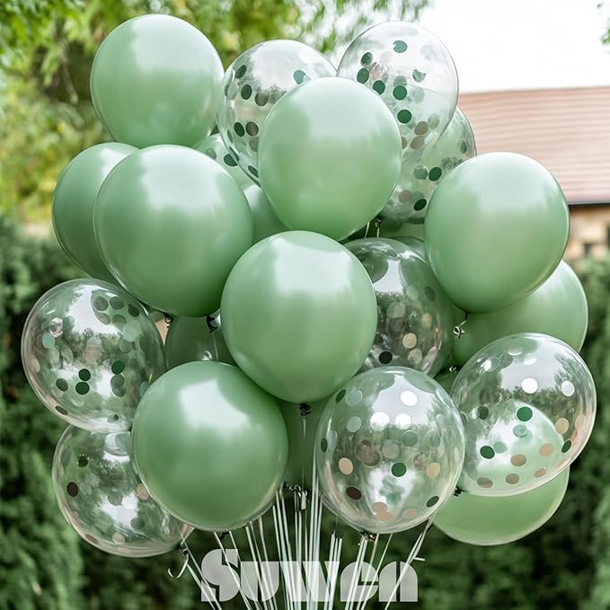 SUWEN Sage Green Balloons and Confetti Balloons Set 47PCS Latex Helium Olive Green Balloon for Birthday Anniversary Party Decorations