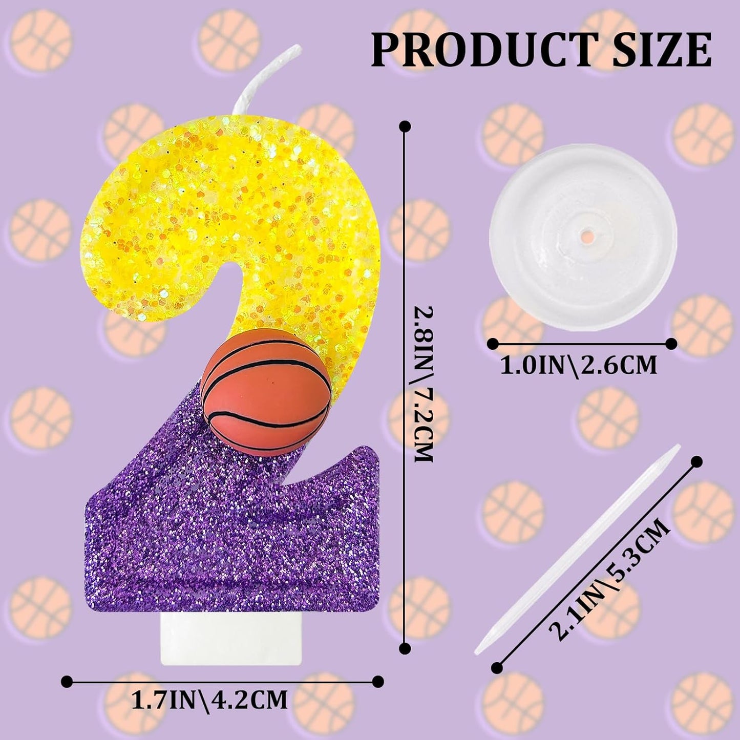 HXOUSE Basketball Number 2 Birthday Candles - Purple Gold Birthday Candles for Cake, 2 Candle for Basketball Theme Cake Topper, Boys Sport Party Decorations Gifts (No.2)