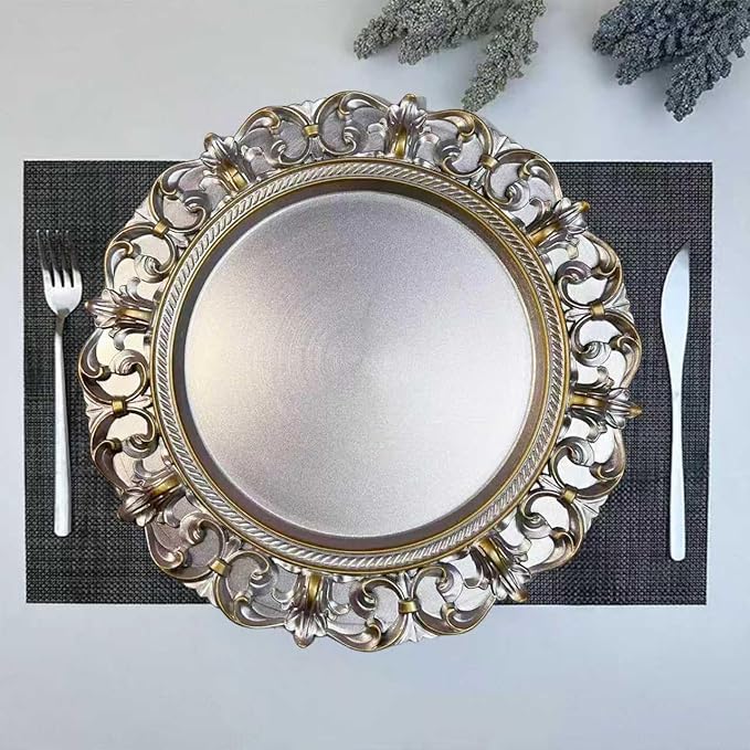 6 Pack Silver Charger Plates 13" Round Charger Plates for Dinning Plates with Embossed Rim Plastic Charger for Dinner, Wedding, Elegant Tableware Decor