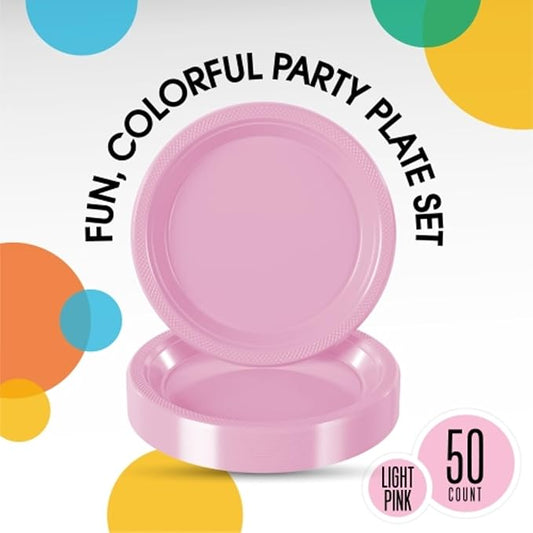 Exquisite Party Solids Pink Plastic Plates For Party Supplies 9" Pink Disposable Plates Heavy Duty 50 Pcs Plastic Dinnerware Sets Heavy Duty 350 GSM Disposable Dinnerware Set