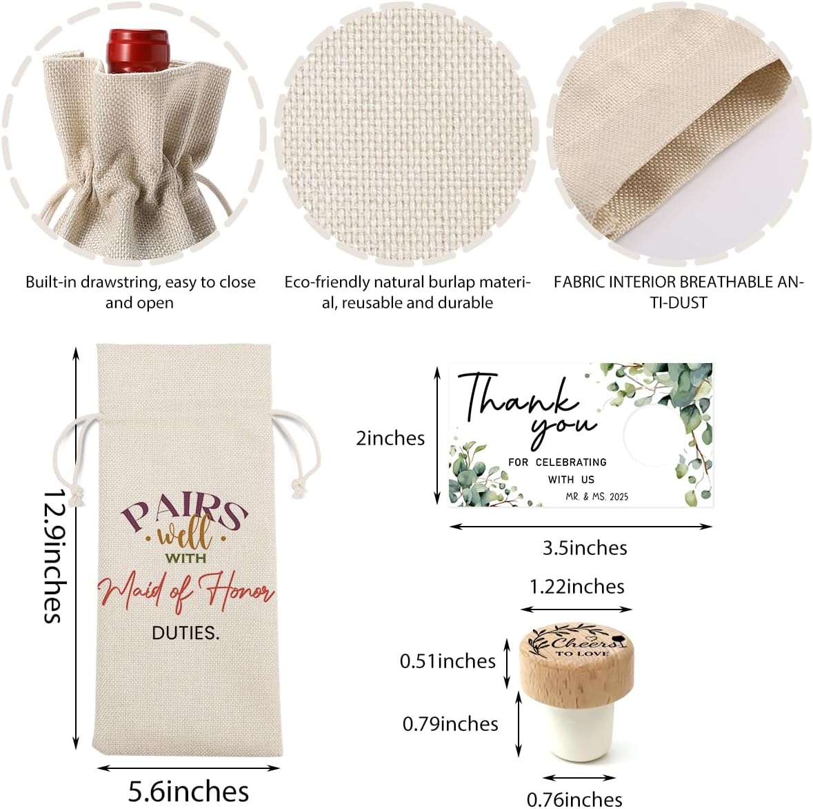 FBCCZEY Maid of Honor Bridesmaid Proposal Gifts Maid of Honor Bridesmaid Wine Bag Wedding Engagement Gift Wine Bottle Bag Pairs Well with Maid of Honor Wine Bags with Thank You Card And Stopper