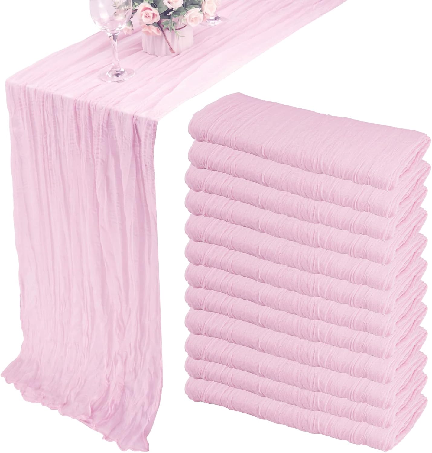 Fivenl 12 Pack Cheesecloth Table Runner 35x72 Inch Boho Gauze Rustic Cheese Cloth Long Romantic for Wedding Bridal Shower Birthday Party Decor (Pink Purple)