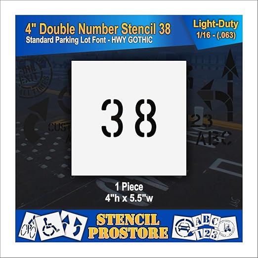 Pavement, Curb, and WheelStop Stencils - 4 inch Double Number Stencil - (38) - 4" x 5.5" x 1/16" (63 mil) - Light-Duty