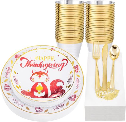 Hioasis 175pcs Thanksgiving Plastic Plates - Gold Dinnerware Set for 25 Guests - 50 Disposable Plates with Red Squirrel, 75 Gold Plastic Silverware, 25 Cups, 25 Napkins for Thanksgiving Party