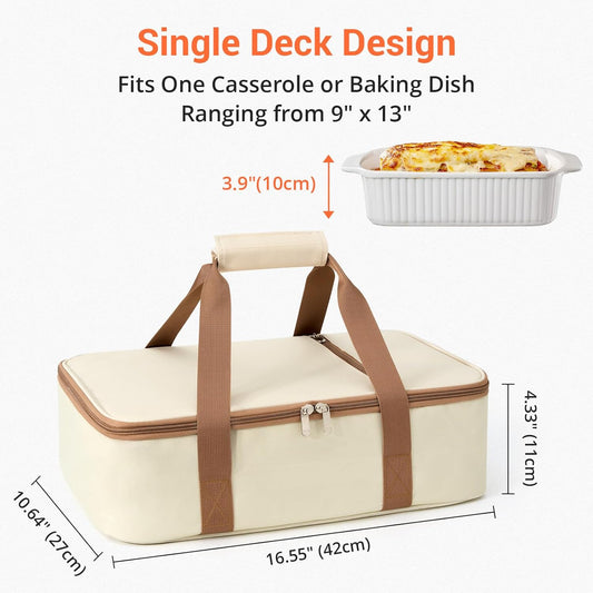 Insulated Casserole Carrier for Hot or Cold Food,Pie Carrier Bag Lunch Tote for Potluck Parties/Picnic/Cookouts, Fits 9"x13" Baking Dish,Single Beige