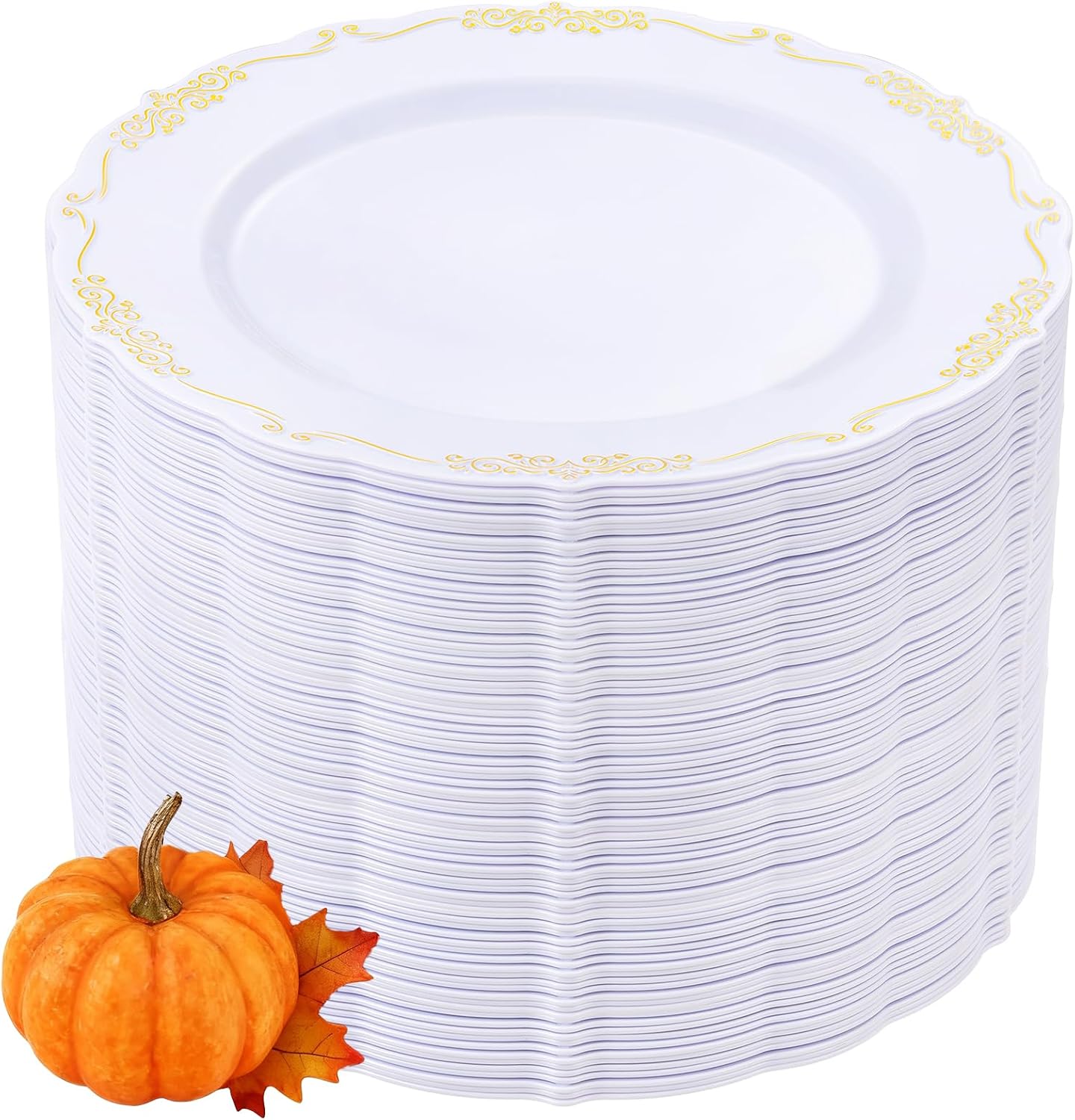 DaYammi 60PCS White and Gold Plastic Plates, Thanksgiving Plates Disposable Heavy Duty Disposable Platos Premium 10inch White Dinner Platos Hard Plastic Plate for Party Wedding Bridal Shower