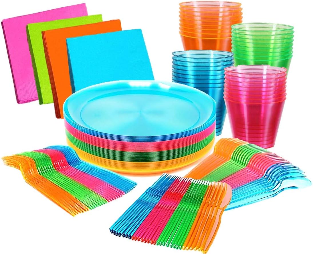 Kedudes Neon Glow Party Supplies, Serves 32 - Hard Plastic Disposable Party Neon Plates, Napkins, Neon Cups Tumblers, Cutlery - Forks, Knives, Spoons - Neon Party Decorations - Fiesta Party Supplies
