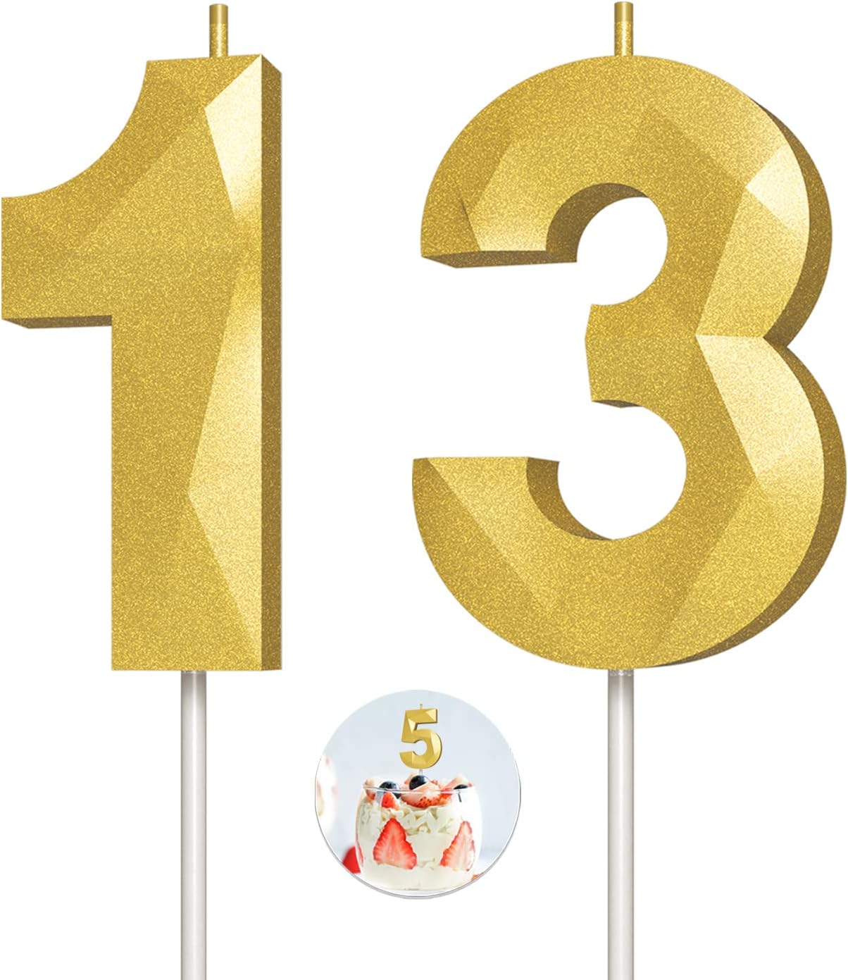 Number Birthday Candles(13 Candle Gold) 3D Diamond Shape Number Happy Birthday Cake Candles for Birthday Party Wedding Decoration Reunions Theme Party