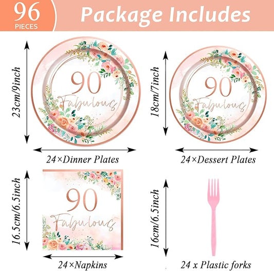 OBUSATT 96Pcs Floral 90 Fabulous Party Supplies 90th Birthday Paper Plates Napkins Rose Gold Party Decorations 90 Years Dinnerware Party Favor Women 90th Tableware Serves 24