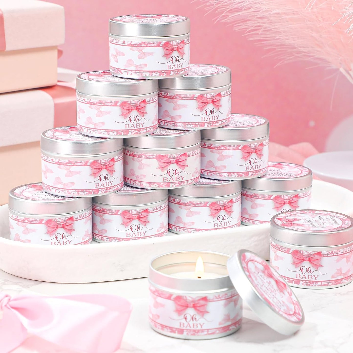 MTLEE 24 Pcs Bow Baby Shower Party Favors Candles Lavender Scented Baby Shower Favors for Guests Rustic Tealights Candles Gender Reveal Return Gifts Girl Boy(1.2 Oz, Pink)