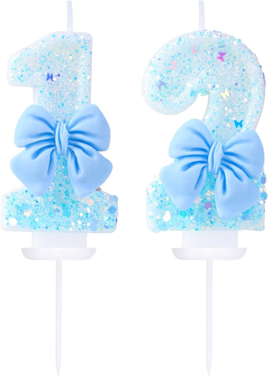 12 Birthday Candles Blue Bow Number 12 Cake Candles, 12th Cake Topper Decorations for Kids Pets Pastel Birthday Party Supplies (Number 12)