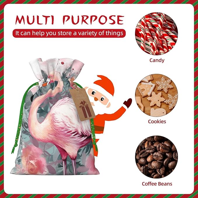 QSMJKLD Drawstring Christmas Gift Bags Vintage Boho Flamingo Florals Gift Bag Burlap Xmas Candy Pouch Reusable Christmas Wrapping Bag Xmas Party Favor Bags for Holiday Wrapping Presents Small