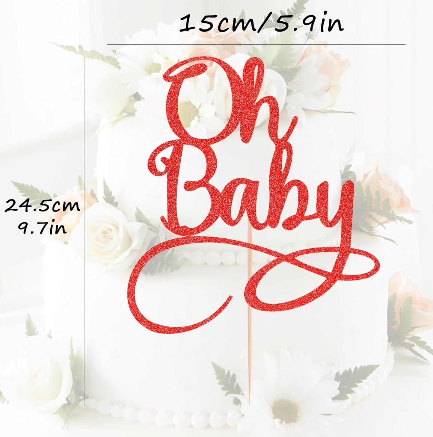 Oh Baby Cake Topper - Red Glitter Baby Birthday Party Cake Decoration Supplies, for Baby Shower/Gender Reveal Party Photo Booth Props