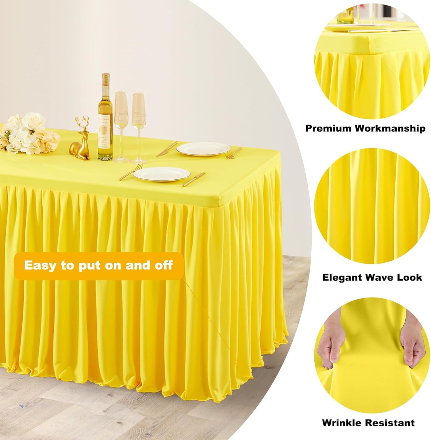 Yellow Polyester Table Clothes for 4 Foot Rectangle Tables, Wrinkle Free Fitted Table Cover with Pleated Ruffle Table Skirt for Birthday Party Wedding Trade Show Event Display