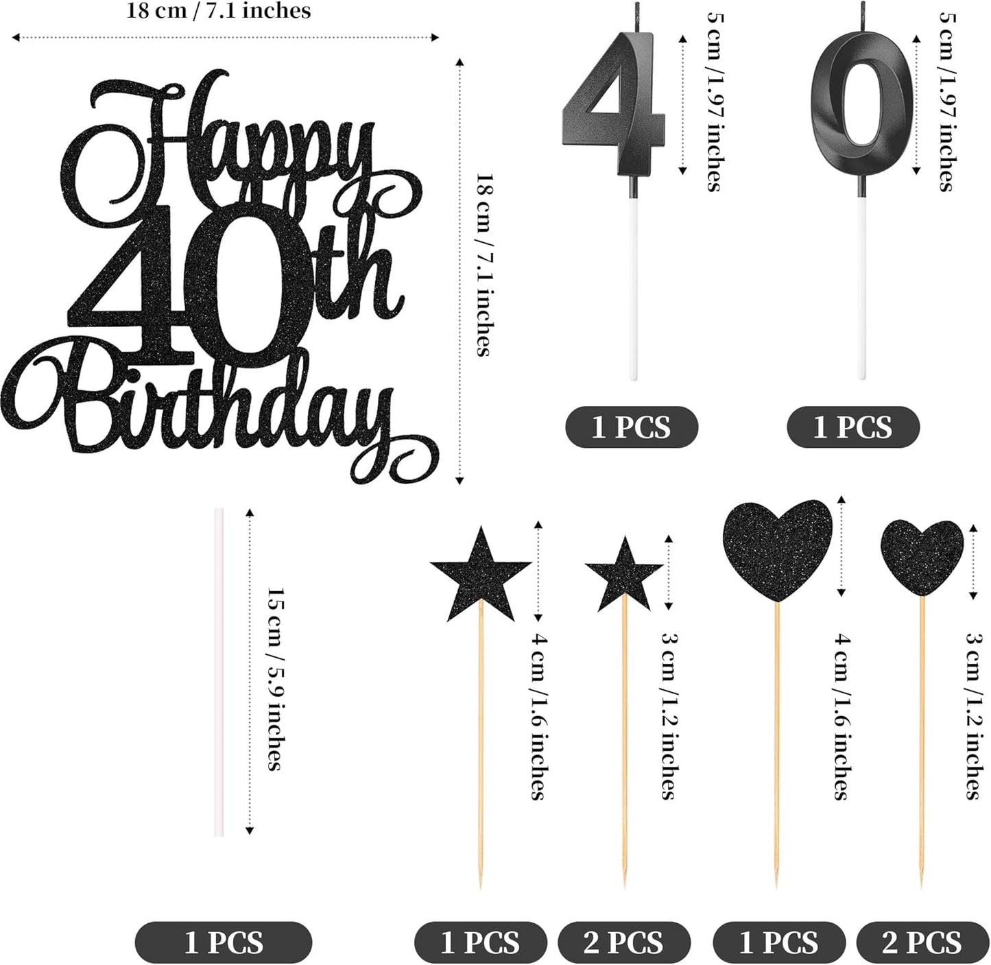 40th Birthday Cake Decorations, 40th Birthday Candles Cake Numeral Candles and Glitter Happy 40th Birthday Cake Toppers Set for Birthday Party Supplies (Black)