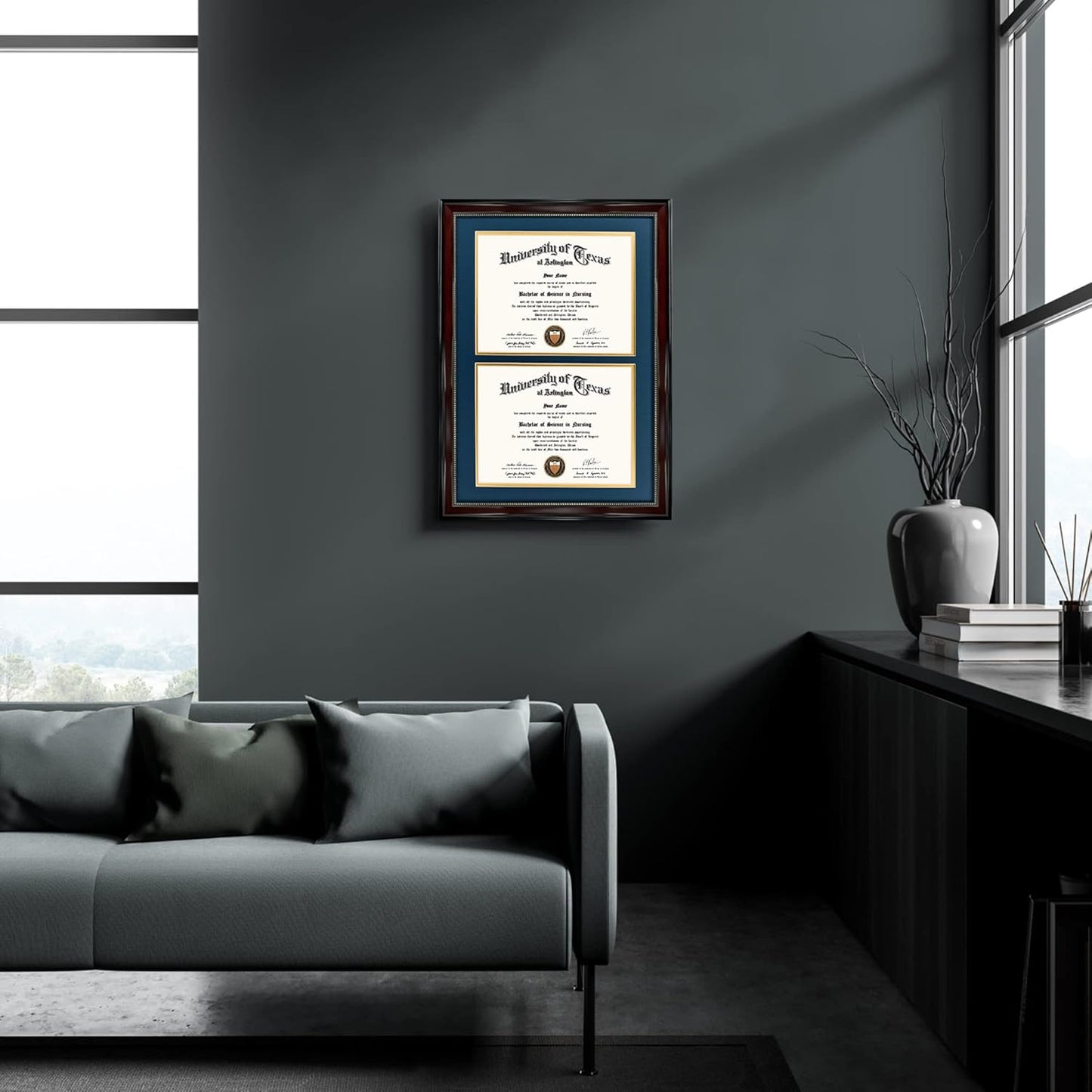 GraduationMall 14x20 Double Diploma Frame, Display 8.5x11 Certificate with Navy over Gold Mat,UV Protection Acrylic,Mahogany with Gold Beads