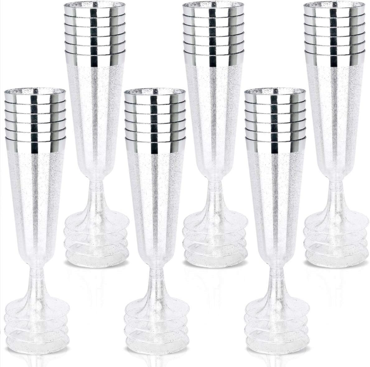WDF 36Pieces Silver Plastic Champagne Flutes - 6oz Silver Glitter with a silver Rim Champagne Glasses - Premium Silver Plastic Cups Perfect for Party/Wedding
