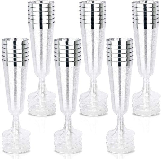 WDF 36Pieces Silver Plastic Champagne Flutes - 6oz Silver Glitter with a silver Rim Champagne Glasses - Premium Silver Plastic Cups Perfect for Party/Wedding