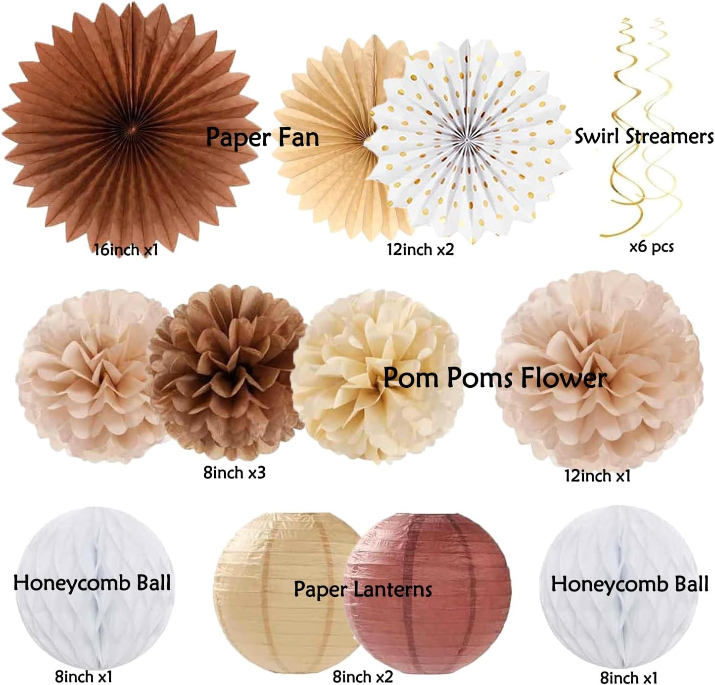 Boho Brown White Birthday Decorations - 62pcs Happy Birthday Banner, Neutral Rustic Paper Lanterns Honeycomb, Hanging Streamers, Tissue Pom Poms Flower Fan, Birthday Decorations for Women Girl Boys