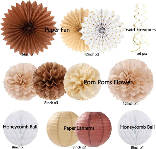 Boho Brown White Birthday Decorations - 62pcs Happy Birthday Banner, Neutral Rustic Paper Lanterns Honeycomb, Hanging Streamers, Tissue Pom Poms Flower Fan, Birthday Decorations for Women Girl Boys