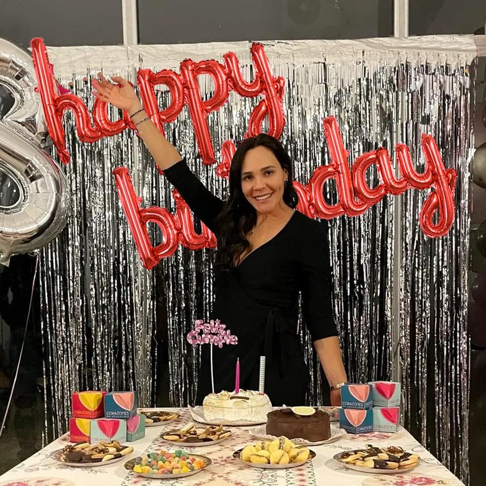 TONIFUL Red Happy Birthday Balloons Banner, 16 Inch Mylar Foil Script/Cursive Letters Birthday Sign Banner Balloon Reusable Material for Girls Boys Kids & Adults Birthday Decorations
