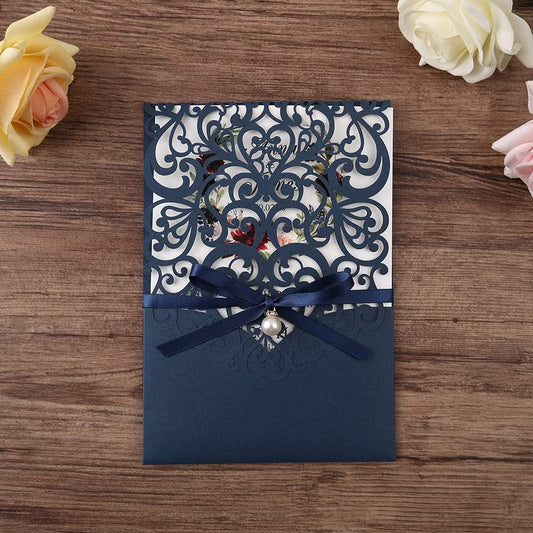 5X7.2 Inch 50PCS Personalized Laser Cut Navy Blue Wedding Invitations with RSVP Cards and Envelopes, Wedding Invitation Cards with Ribbon Belly Band Pearl Embellishments