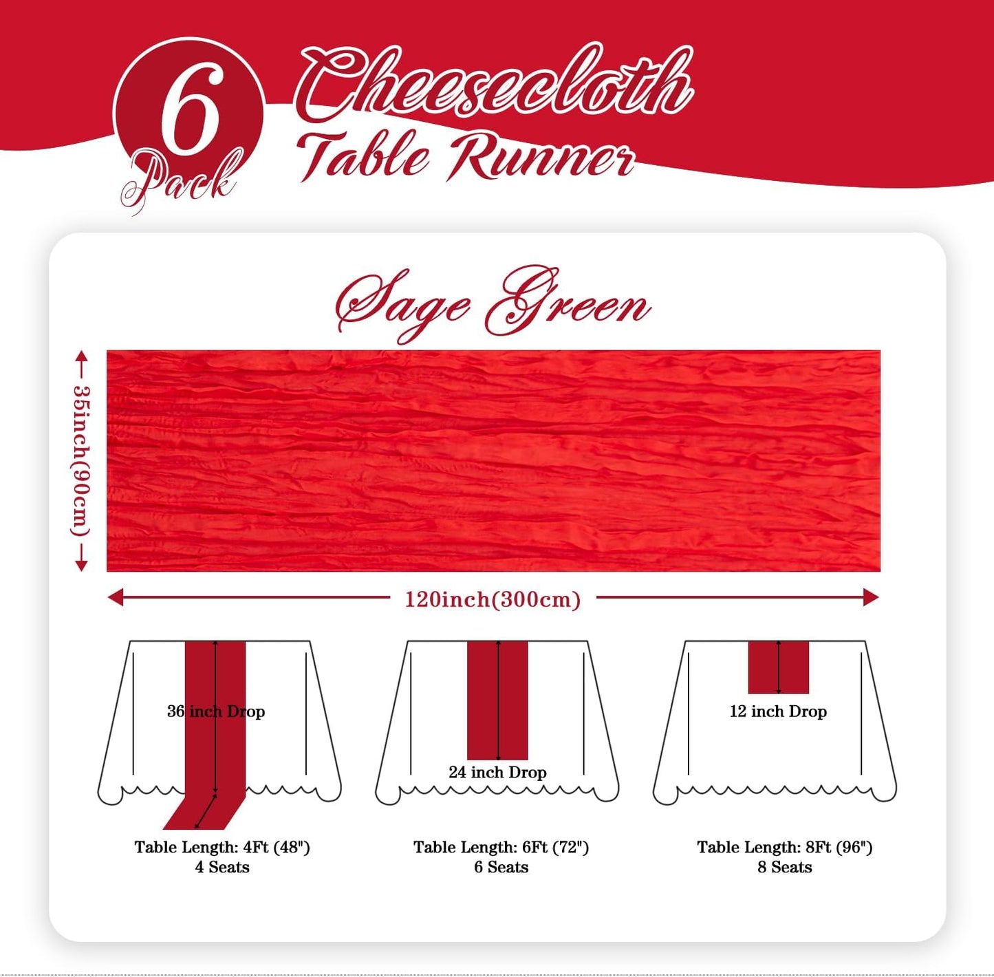 6 Pack Christmas Table Runner Red Cheesecloth Table Runner, 120 Inch Boho Gauze Table Runner, Rustic Sheer Cheese Cloth Fabric for Wedding Bridal Baby Shower Party Centerpiece Home Decor