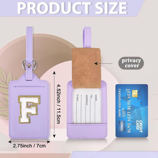 Personalized Initial Luggage Tags for Suitcases, Leather Chenille Letter Cute Luggage Tags with Privacy Name Card, Embroidered Travel Bag Backpack Tags Gifts for Women Kids Girls Teens(Purple-F)