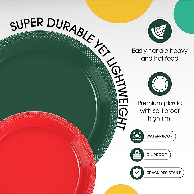 Party Solids Green & Red Plastic Plates For Party Supplies, Green & Red Disposable Plates 100 Pieces - 50-7" & 50-9" Heavy Duty 350 GSM Disposable Dinnerware Sets, Plastic Dinnerware Sets