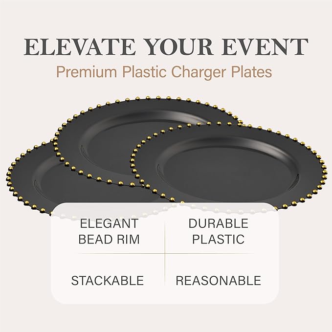 PLASTICPRO Black with Gold Rim Plastic Charger Plates with Beaded Edge – Pack of 4 – 13" Elegant Round Disposable Chargers for Weddings, Events, Parties, and Dinners