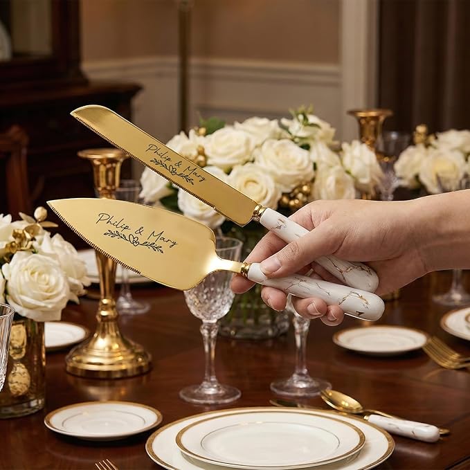 Personalized Gold Wedding Cake Knife and Server Set - Engraved Stainless Steel Cake Pie Pastry Servers Cutting Cutter Set with Marble Pattern, Elegant Gift for Wedding Anniversary Birthday Christmas