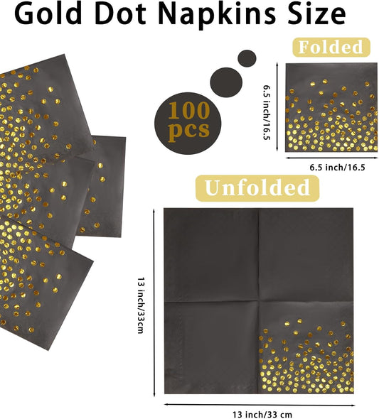 100 Pcs 6.5x6.5 Inch Disposable Black Gold Dot Paper Napkins