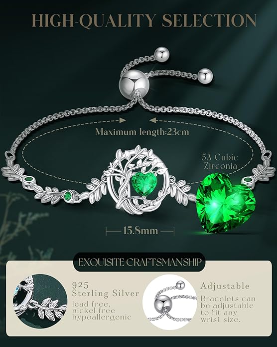 FANCIME Valentines Day Gift Tree of life Birthstone Bracelet for Women Sterling Silver Tree Jewelry Birthstone Charm Bracelet Gemstone Anniversary Birthday Gifts for Wife Mom Her
