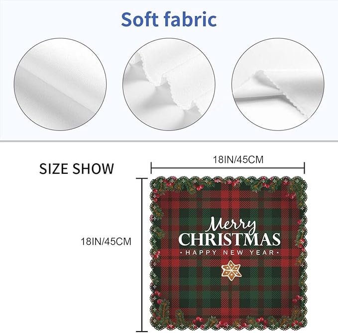 Yibeas White Merry Christmas and Happy New Year Cloth Napkins Set of 4 Soft Tartan Checkered Plaid Red and Green Polyester Dinner Square Napkin for Family Weddings Parties 18 x 18 inch