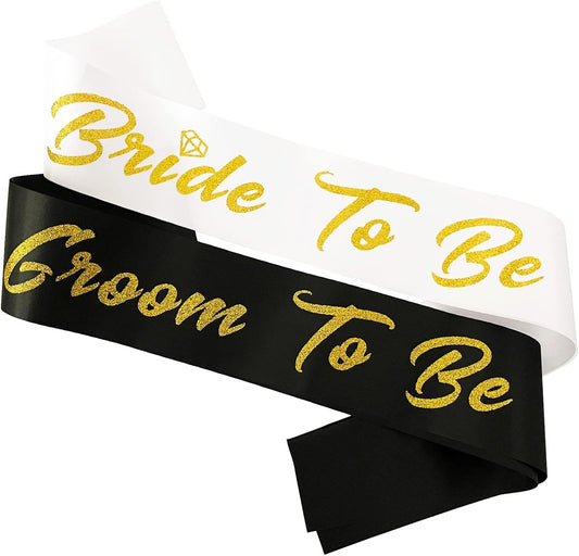 Bride and Groom to Be Sash Set, White and Black Satin Soft Sashes with Gold Glitter Letter for Bridal Shower Engagement Bachelorette Party Decorations Supplies