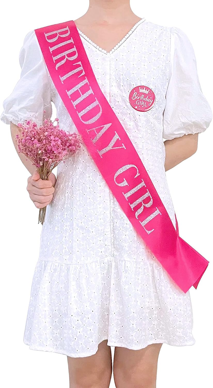 Birthday Girl Sash,Hot Pink Satin with Silver Glitter Letter, Happy 16th,18th,21st,30th 40th 50th 60th 70th 80th or Any Other Birthday Party Supplies,hot Pink Girl