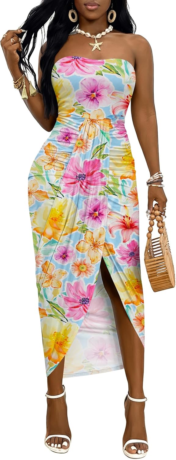 Umenlele Women's Strapless Ruched High Waist Wrap Split Asymmetrical Beach Maxi Long Dress