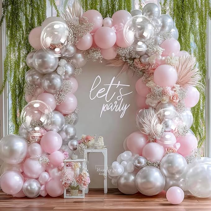Silver Balloon Arch Kit Double Stuffed Pearl Metallic Silver Balloon Garland Different Size With Clear Balloons for Birthday Valentines Day Engagement Wedding Bridal Baby Shower Graduation Party Decor
